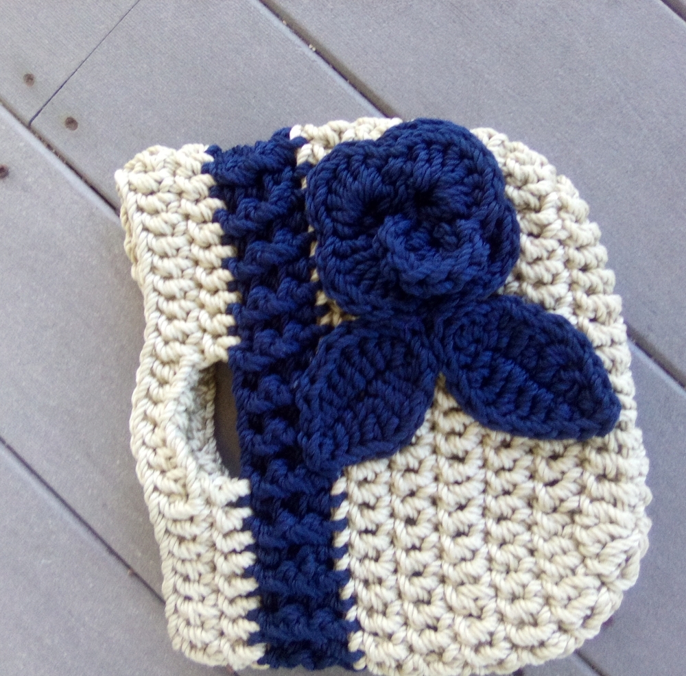 Handmade Crochet Beige and Navy Bag